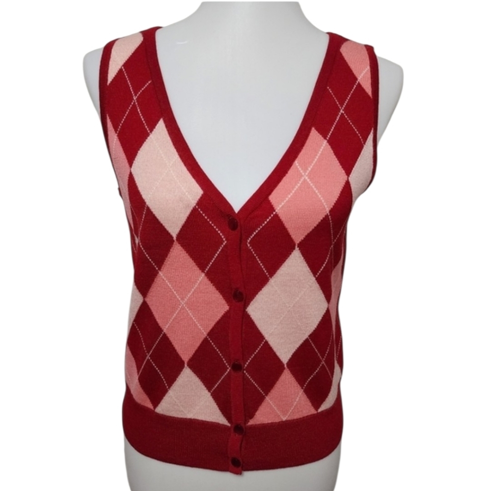 Talbots Sweater Vest Women Sz XL Red  Merino Wool Argyle V-Neck Academia Preppy